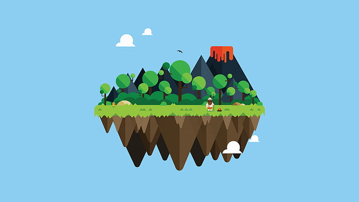 сива илюстрация на вулкан, плаващ остров, остров, Adobe Illustrator, лава, маймуна, минимализъм, вулкан, HD тапет