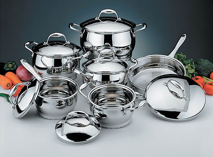 gray stainless steel cooking set, pots, pans, chrome, cookware, HD wallpaper HD wallpaper