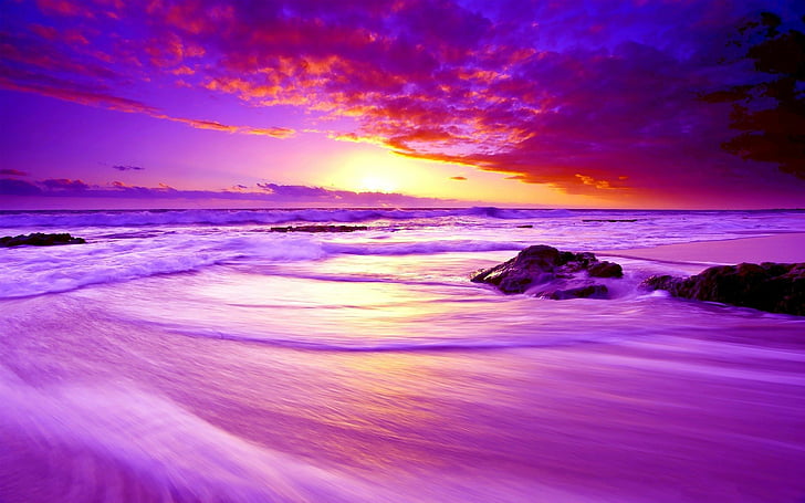 Terre, coucher soleil, plage, nuage, horizon, océan, pourpre, mer, Fond d'écran HD