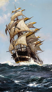 brown clipper boat sailing illustration, artwork, classic art, painting, sailing ship, portrait display, clouds, sea, waves, sailor, Montague Dawson, HD wallpaper HD wallpaper