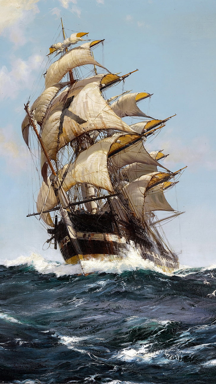 portrait display, sailing ship, classic art, sailor, painting, clouds, sea, artwork, Montague Dawson, waves, HD wallpaper