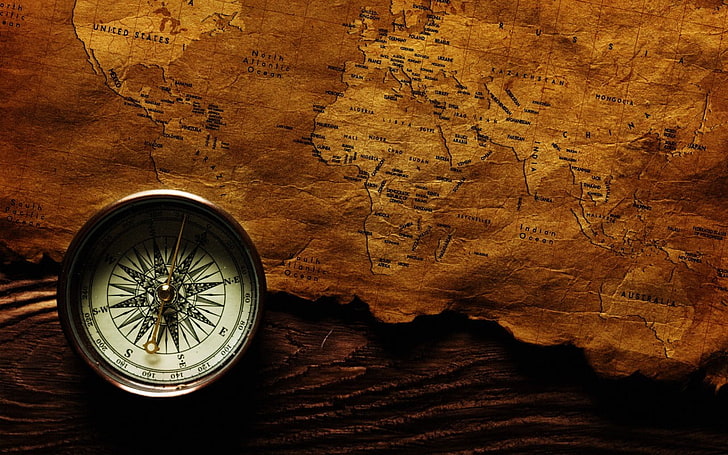 round gray compass, old map, compass, vintage, world map, HD wallpaper
