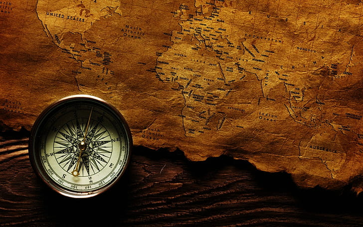 vintage, world map, old map, compass, HD wallpaper