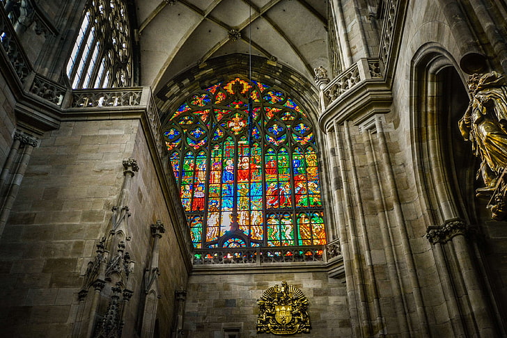 altar, arch, cathedral, church, czech, europe, european, gothic, interior, prague, pray, religion, sacred, stained glass, vitus, window, HD wallpaper