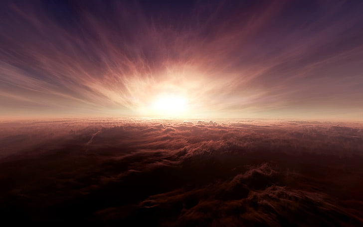 Ilustración del atardecer, cielo, fuego, horizonte, nubes, naturaleza, luz solar, Fondo de pantalla HD