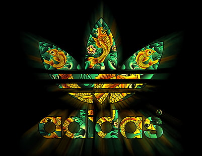 logotipo da adidas verde e amarelo, colagem, papel de parede, peixe, logotipo, emblema, Adidas, HD papel de parede HD wallpaper