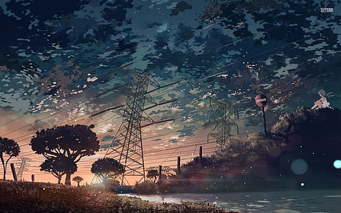 coucher de soleil, lignes électriques, poteau électrique, manga, œuvres d'art, signe, ciel, nuages, filles de l'anime, Fond d'écran HD HD wallpaper