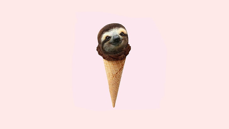 Sloth ice cream with cone illustration, simple background, ice cream, minimalism, chocolate, sloths, humor, HD wallpaper