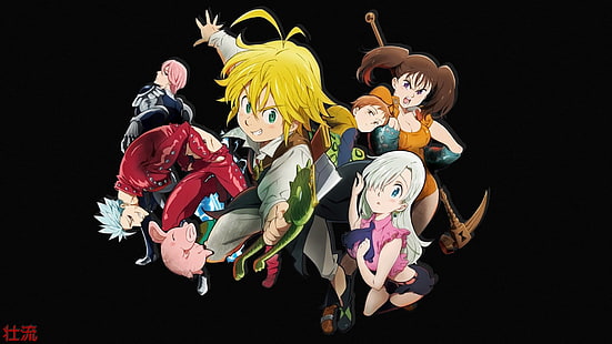 Seven Deadly Sins anime, Anime, The Seven Deadly Sins, Ban (The Seven Deadly Sins), Diane (The Seven Deadly Sins), Elizabeth Liones, Gilthunder (The Seven Deadly Sins), Hawk (The Seven Deadly Sins), King (The Seven Deadly Sins), Meliodas (The Seven Deadly Sins), HD tapet HD wallpaper