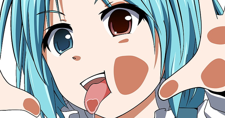 tongues, licking, heterochromia, blue hair, Tatara Kogasa, Touhou, anime girls, HD wallpaper
