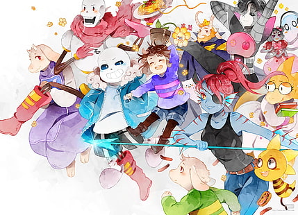 assorted-color anime character wallpaper, Video Game, Undertale, Alphys (Undertale), Annoying Dog (Undertale), Asgore (Undertale), Asriel (Undertale), Flowey (Undertale), Frisk (Undertale), Mettaton (Undertale), Mettaton EX (Undertale), Monster Kid (Undertale), Muffet (Undertale), Napstablook (Undertale), Papyrus (Undertale), Sans (Undertale), Toriel (Undertale), Undyne (Undertale), HD wallpaper HD wallpaper