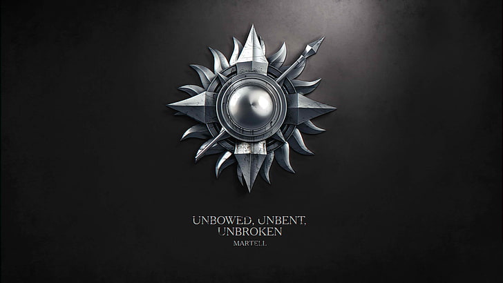 Unbowed unbent unbroken text, the sun, book, spear, the series, shield, coat of arms, motto, A Song of Ice and Fire, Game of thrones, Unbowed, Unbroken, Martell, Unbent, HD wallpaper