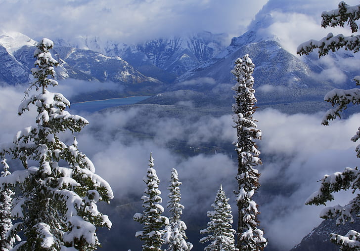 winter, clouds, snow, trees, mountains, lake, Canada, Albert, Banff National Park, Alberta, Banff, Canadian Rockies, Lake Minnewanka, HD wallpaper
