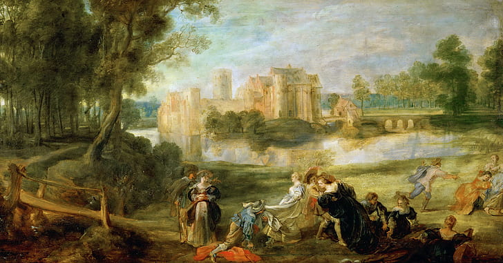 people, picture, the bridge, Peter Paul Rubens, Pieter Paul Rubens, Landscape with Castle Walls and a Park, HD wallpaper