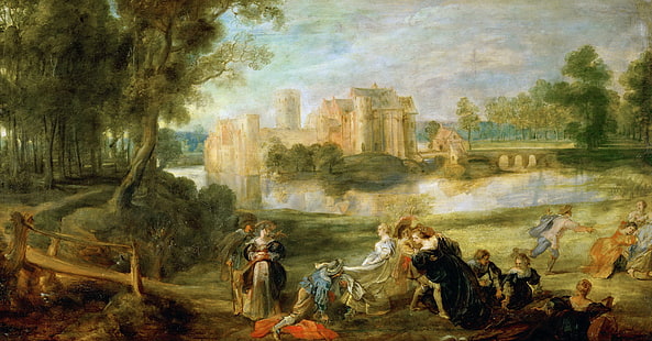 pessoas, quadro, a ponte, Peter Paul Rubens, Pieter Paul Rubens, paisagem com muralhas do castelo e um parque, HD papel de parede HD wallpaper
