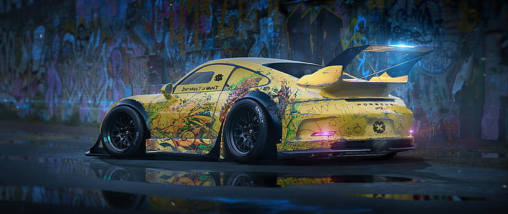 Khyzyl Saleem, grafika, ultraszeroki, samochód, Porsche, render, Tapety HD HD wallpaper