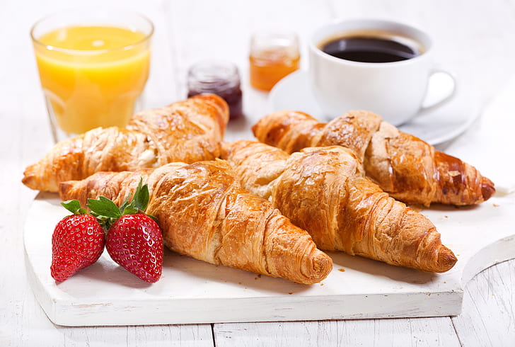 Food, Breakfast, Coffee, Croissant, Cup, Juice, Strawberry, Viennoiserie, HD wallpaper
