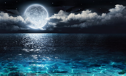 Земя, Луна, Облак, Нощ, Океан, Море, HD тапет HD wallpaper