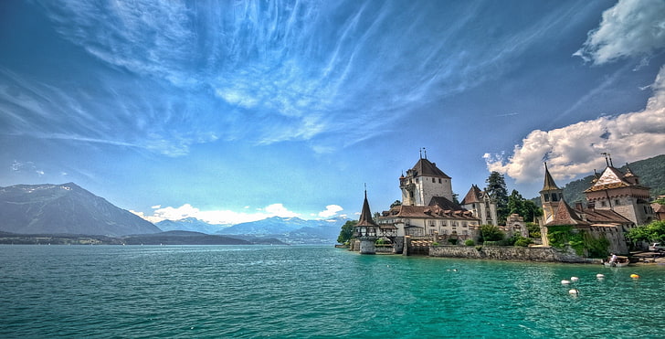 синий, замок, облака, Грин, озеро, озеро Тун, пейзаж, гора, природа, лето, Швейцария, вода, HD обои