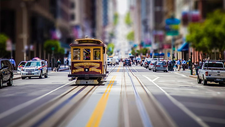 San Francisco, Kalifornien, USA, miniaturisiert, Miniatur, Diorama, Straßenbahn, Seilbahn, Innenstadt, Autos, Fahrzeuge, Straße, Szene, HD-Hintergrundbild
