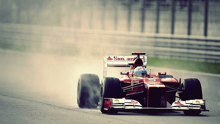 Fernando Alonso HD, dust, f1, fernando alonso, ferrari, formula 1, red, smoke, HD wallpaper