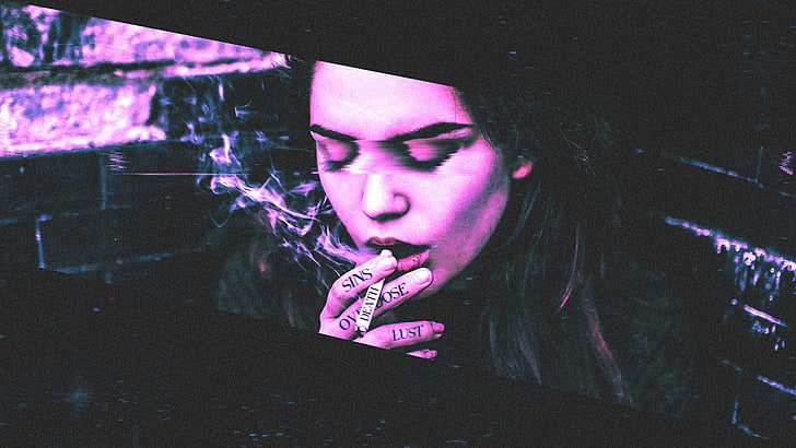 Cara Delevingne, purple, women, cigarettes, smoke, skull, eyes, Photoshop, smoking, HD wallpaper