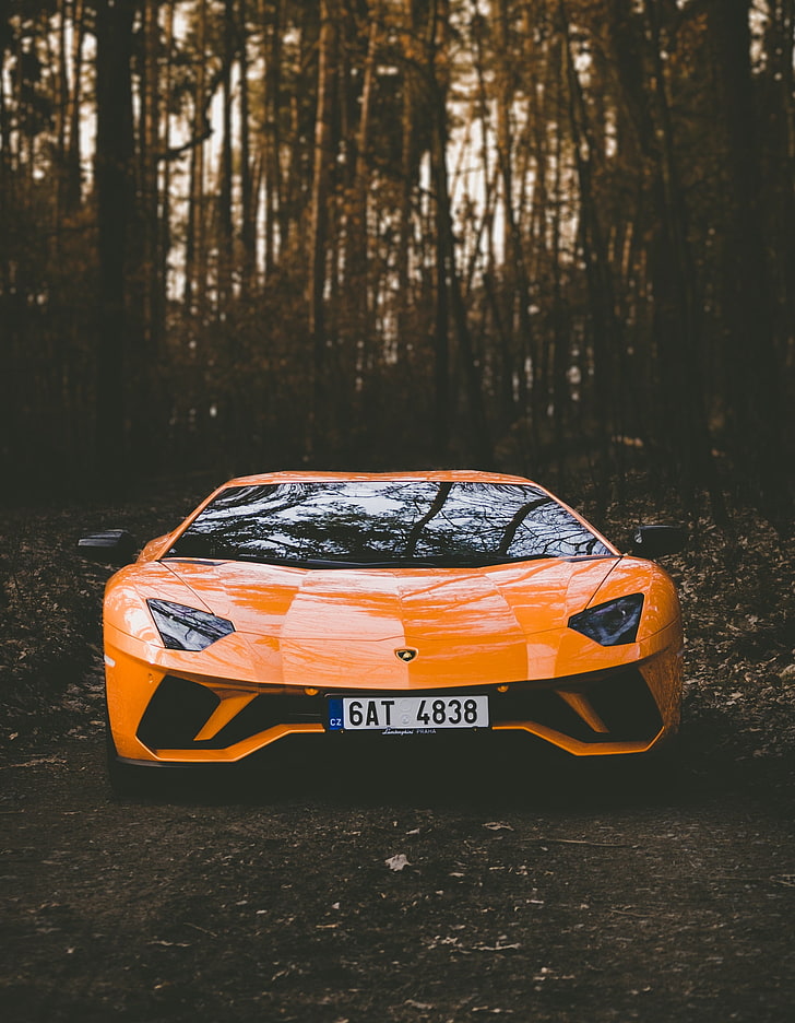 orange Lamborghini car, sport car, front view, bumper, style, HD wallpaper