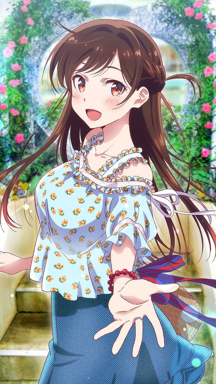 Kanojo, Okarishimasu (Rent-a-Girlfriend), Chizuru Mizuhara, brunette, smiling, open mouth, skirt, Flower Shirt, bracelets, long hair, HD wallpaper