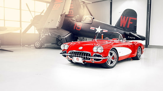 Auto, Flugzeug, rote Autos, Fahrzeug, Chevrolet Corvette C1, Chevrolet, Oldtimer, Vought F4U Corsair, HD-Hintergrundbild HD wallpaper