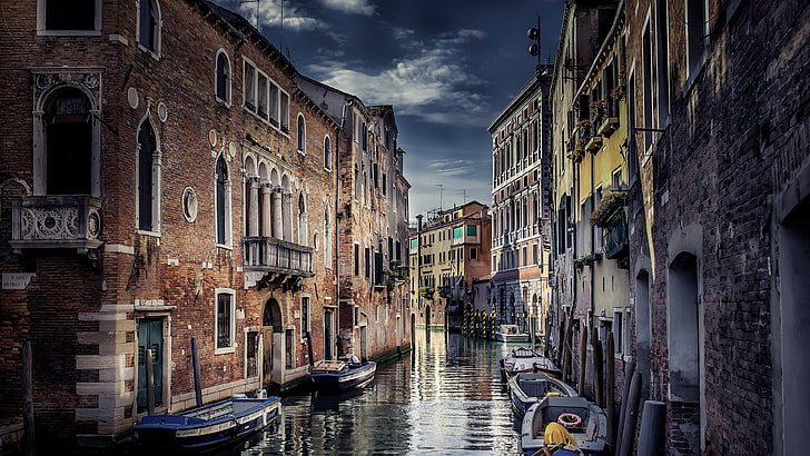 stad, Venedig, vattenväg, kanal, vatten, båtar, himmel, gata, gränd, grannskap, byggnad, kanal, fasad, HD tapet