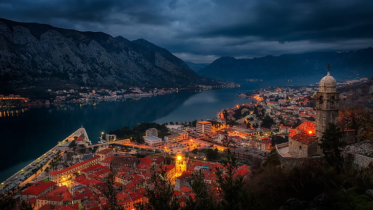 kotor, montenegro, bay of kotor, cityscape, bay, dusk, cloudy, evening, mountain, HD wallpaper