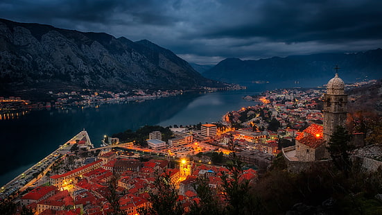 Котор, Черна гора, залив на Котор, градски пейзаж, залив, здрач, облачно, вечер, планина, HD тапет HD wallpaper