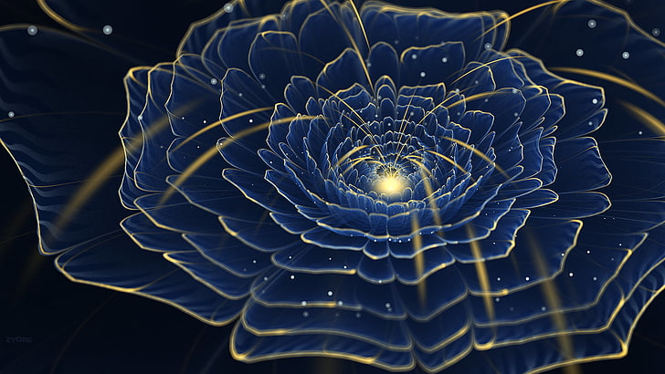 blue petaled flower, abstract, fractal, fractal flowers, flowers, digital art, HD wallpaper