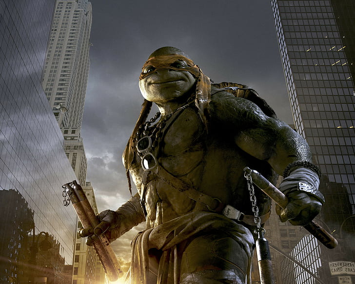 Teenage Mutant Ninja Turtles Movie, EXTENDED, Teenage Mutant Ninja Turtles, Teenage, Mutant, ninja, Turtles, TMNT, Movie, Film, 2014, Year, Noel Fisher, Mikey, Mike, Action, Adventure, Comedy, fantasy, sci-fi, Nickelodeon, Paramount Pictures, green, Animal, reptile, with, orange, bandana, mask, Armors, weapons, Nunchaku, sunglasses, city, Buildings, Skyscrapers, sun, sky, clouds, HD, HD wallpaper