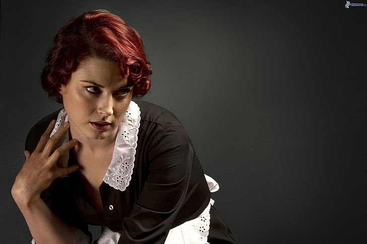 Alexandra Breckenridge, American Horror Story, women, maid outfit, redhead, simple background, TV, HD wallpaper