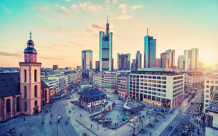 arranha-céu concreto bege, cidade, Frankfurt, paisagem urbana, HD papel de parede