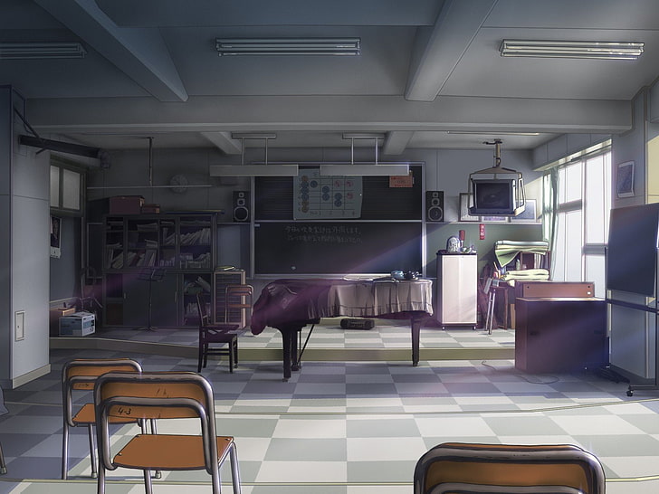anime, blackboards, bookshelf, chairs, classroom, daylight, isai, shizuka, HD wallpaper