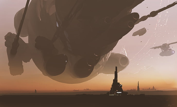schwarzes Flugzeug, Grafik, Fantasiekunst, digitale Kunst, Raumschiff, Planet, HD-Hintergrundbild