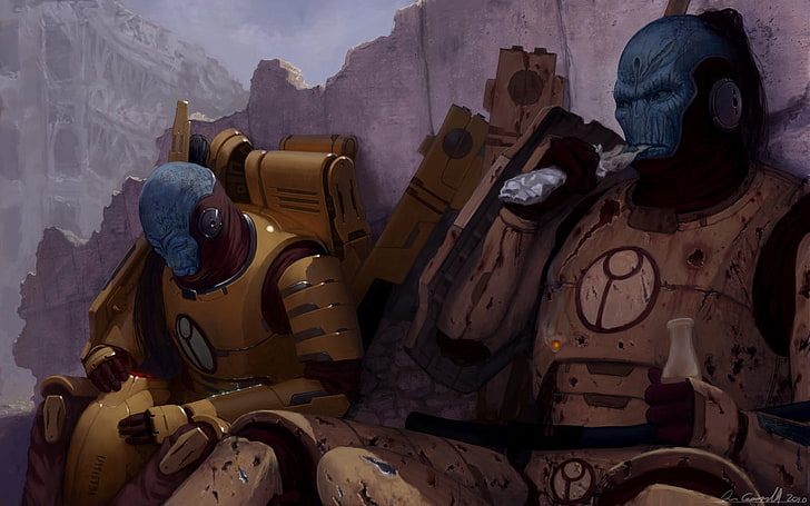 ilustração de dois personagens de jogo azul blindado, Tau, Warhammer 40.000, Império Tau, HD papel de parede