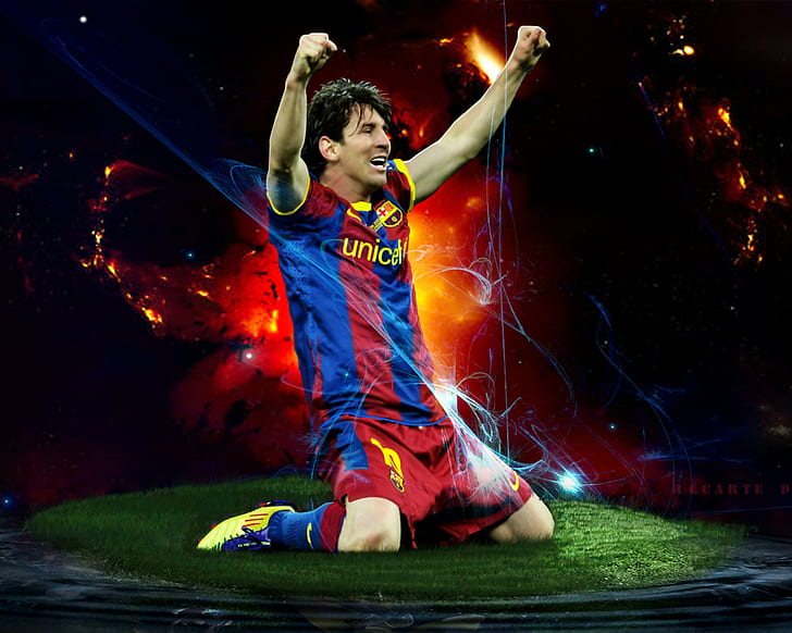 Lionel Messi, campione di calcio, foto in maglia da calcio unicef ​​rossa e blu, lionel messi, Sfondo HD