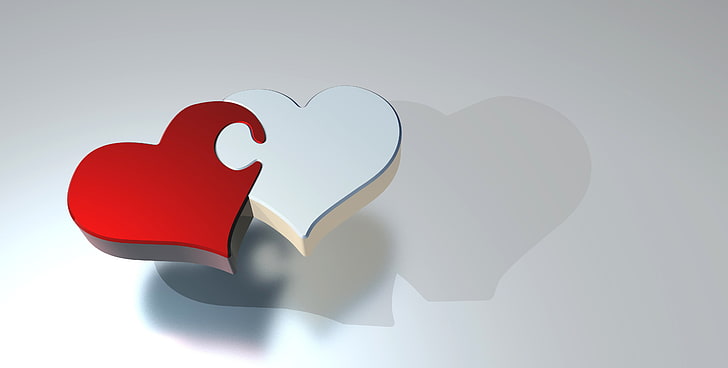 red and white heart puzzle digital wallpaper, heart, couple, shadow, love, HD wallpaper