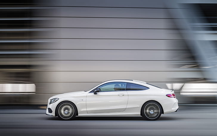 Mercedes-Benz C43 AMG, vehicle, car, motion blur, street, white cars, HD wallpaper