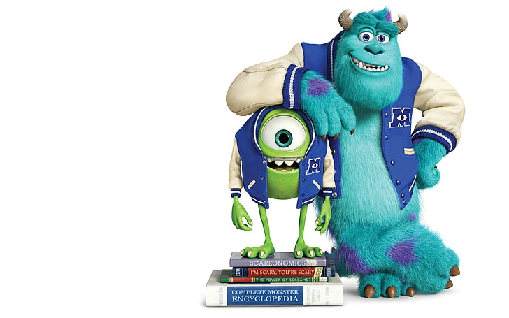 Mike Wazowski and James Sullivan, blue, green, smile, horns, textbooks, one-eyed, Monsters University, Inc., Monsters Inc., Monsters, HD wallpaper