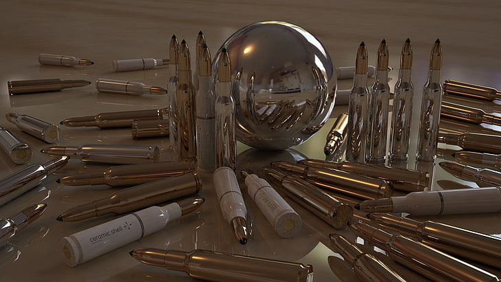 brass-colored bullet shell lot, ammunition, gun, render, HD wallpaper