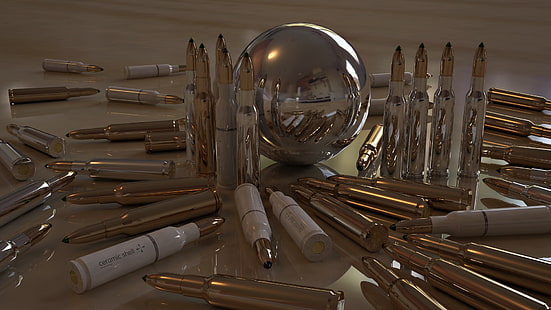 brass-colored bullet shell lot, ammunition, gun, render, HD wallpaper HD wallpaper