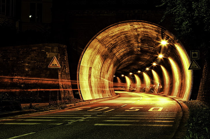 concrete tunnel, tunnel, road, night, HD wallpaper