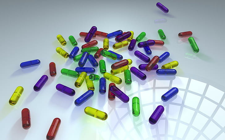 Capsule, multicolored medication capsule, pills, capsule, 3d, 3d and abstract, HD wallpaper