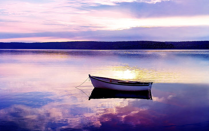 Jezioro, zachód słońca, łódź, wieczór, jezioro, zachód słońca, łódź, wieczór, Tapety HD