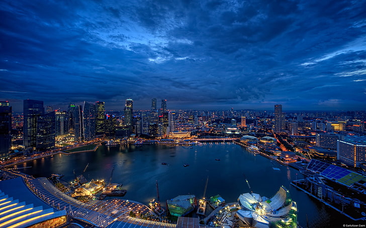 Night skyline of Singapore-Windows 8 Theme Wallpap.., body of watear, HD wallpaper