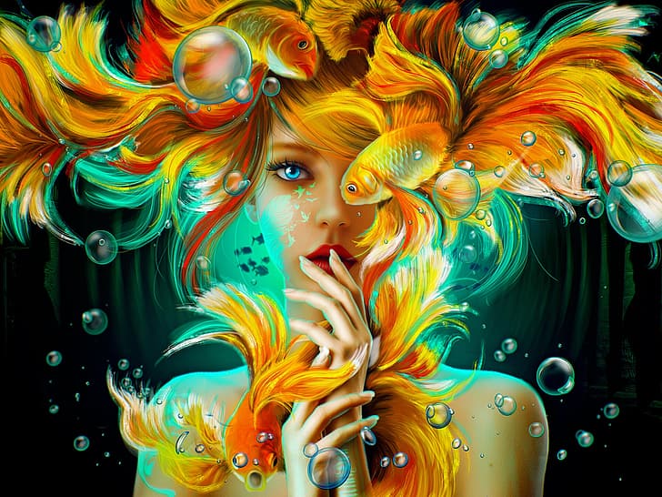 MiniDem, women, fantasy girl, redhead, blue eyes, fish, hair in face, underwater, finger on lips, animals, bare shoulders, tattoo, fantasy art, digital art, artwork, HD wallpaper